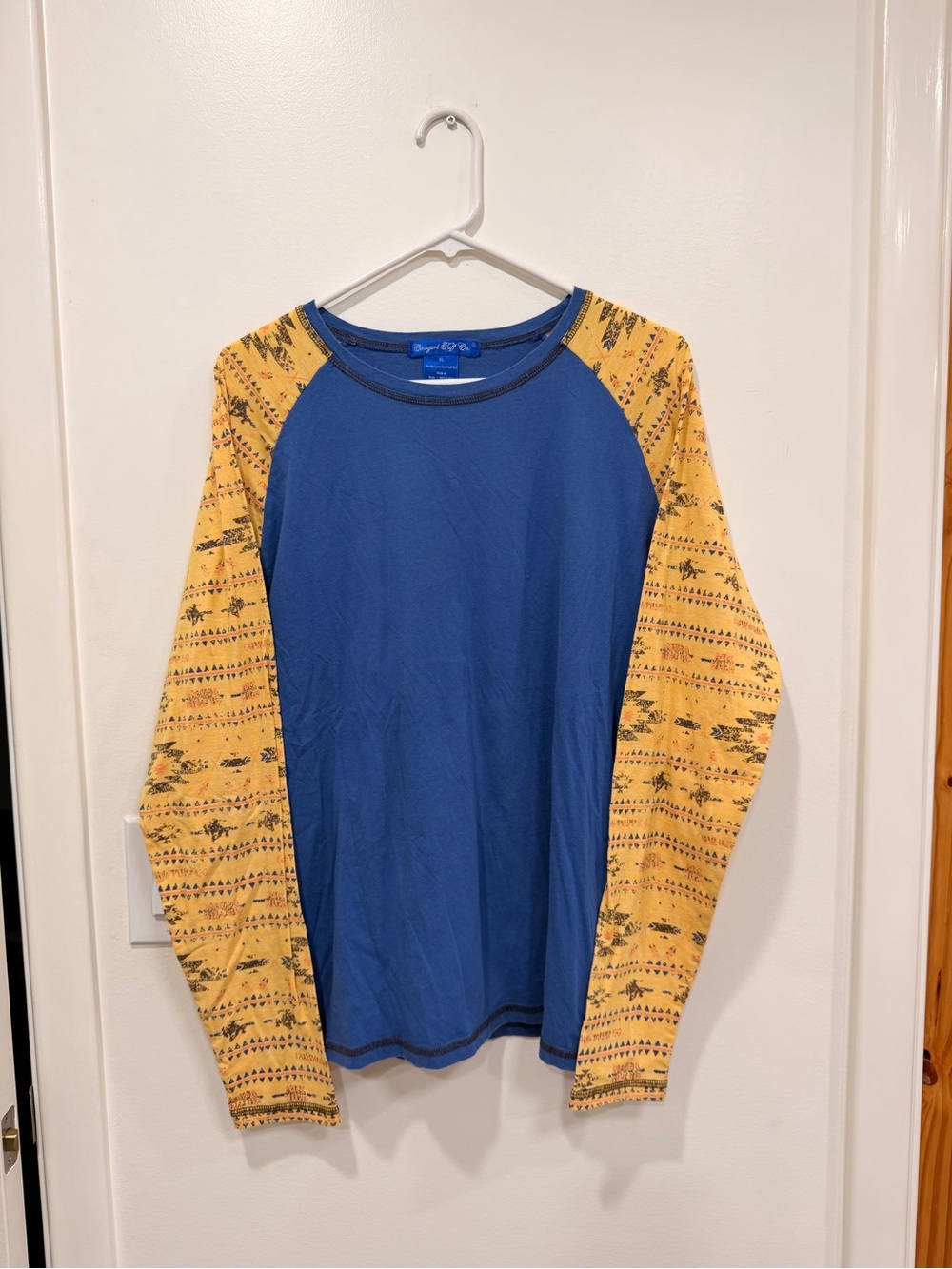 Cowgirl Tuff Blue Body with Mustard Patterned Raglan Sleeves Long-Sleeve Tee